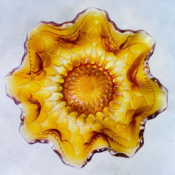 Vtg Dugan Amber Carnival Glass Bowl Ruffled Edge Peacock Tail Design Iridescent - Picture 5 of 8